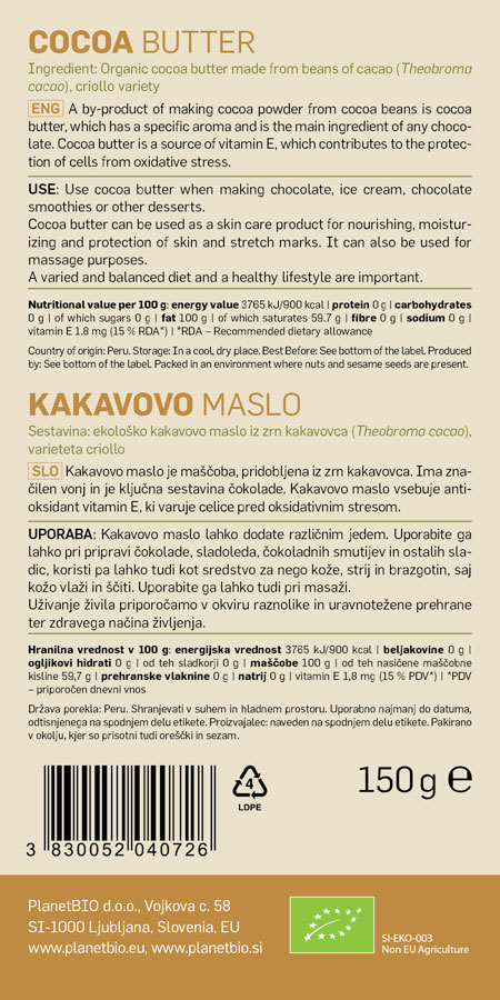 PlanetBIO ekolo&scaron;ko kakavovo maslo